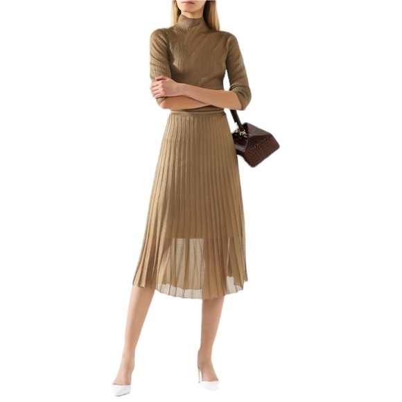 VINCE Pleated Gold Bronze Metallic Crochet Knit Midi Skirt Lined Size M - Picture 1 of 16